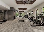 Thumbnail 6 of 32 - A spacious gym with a variety of equipment and a large mirror on the wall.