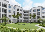 Thumbnail 8 of 18 - A rendering of a modern apartment complex with a landscaped courtyard at The Stadler Luxury Apartments, Bradenton, 34210