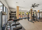 Thumbnail 4 of 60 - A well-equipped gym with a variety of exercise machines and a ceiling fan.