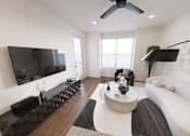 Thumbnail 18 of 31 - A modern living room with a flat screen TV, a white sofa, and a black coffee table.