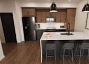 Thumbnail 17 of 31 - A modern kitchen with a white marble countertop and grey bar stools.