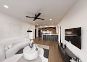 Thumbnail 15 of 31 - A modern living room with a white sofa and a coffee table.