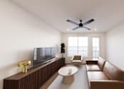 Thumbnail 31 of 31 - A living room with a brown couch and a television.