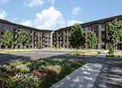 Thumbnail 1 of 4 - A modern building complex with a landscaped courtyard in front.