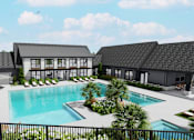 Thumbnail 6 of 11 - a rendering of a swimming pool in front of a row of houses at The Pullman Luxury Apartment Homes, Atlanta, GA 30349