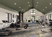 Thumbnail 4 of 11 - A gym with a variety of equipment including treadmills, weights, and a ceiling fan at The Pullman Luxury Apartment Homes, Atlanta, Georgia