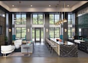 Thumbnail 1 of 21 - A modern kitchen with a large island and a living area with a sofa and chairs.