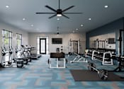 Thumbnail 2 of 21 - A gym with a variety of equipment including weights and a treadmill.