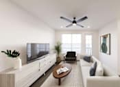 Thumbnail 11 of 21 - A modern living room with a white sofa, a wooden coffee table, and a flat-screen TV.