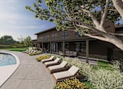 Thumbnail 6 of 21 - A modern house with a pool and lounge chairs.