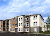 Thumbnail 4 of 16 - A row of modern apartment buildings with balconies and garages at The Logan Luxury Apartments, Idaho, 83651
