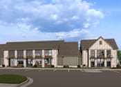 Thumbnail 7 of 16 - A rendering of a modern building with a parking lot in front. at The Logan Luxury Apartments, Nampa, ID