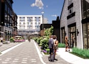Thumbnail 6 of 45 - A street view of a city with people walking and talking at The Union Flats at Fishers District, Fishers, Indiana