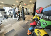 Thumbnail 4 of 56 - a gym with weights and a punching bag on a rack at Watermark at Steele Crossing, Fayetteville