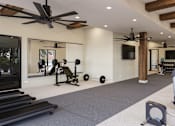 Thumbnail 12 of 18 - A spacious home gym with a variety of exercise equipment at The Stadler Luxury Apartments, Bradenton, FL