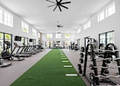 Thumbnail 66 of 68 - A gym with a green carpet and various exercise equipment.