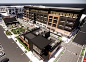 Thumbnail 5 of 45 - A rendering of a modern building complex with a parking lot in front at The Union Flats at Fishers District, Fishers