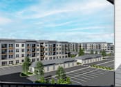 Thumbnail 33 of 34 - A rendering of a modern apartment complex with a parking lot in front. at Stack at Wheat Ridge Apartments, Wheat Ridge, CO, 80033