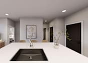 Thumbnail 11 of 34 - A modern bathroom with a large sink and a television at Stack at Wheat Ridge Apartments, Colorado
