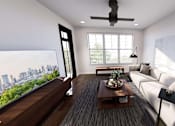 Thumbnail 21 of 34 - A modern living room with a large window overlooking a cityscape. at Stack at Wheat Ridge Apartments, Wheat Ridge, CO, 80033
