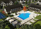 Thumbnail 1 of 4 - A large swimming pool surrounded by a grassy area and buildings.