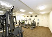 Thumbnail 13 of 16 - A gym with a variety of equipment including a squat rack, treadmill, and stationary bike.