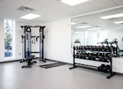 Thumbnail 47 of 47 - A gym with a mirror, weights, and exercise equipment.