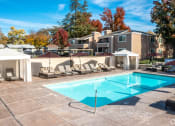 Thumbnail 11 of 32 - a swimming pool with lounge chairs and umbrellas in front of an apartment building
