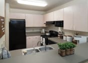 Thumbnail 27 of 39 - a kitchen with white cabinets and black appliances and a sink at Stoneridge Apartments, Gainesville, FL