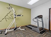 Thumbnail 19 of 27 - a fitness room with a treadmill and weights on a wall