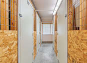 Thumbnail 25 of 25 - a room with plywood on the walls and a hallway with doors and a window