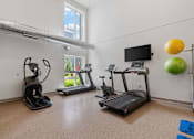 Thumbnail 22 of 53 - a gym with treadmills and exercise balls and a tv