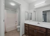 Thumbnail 14 of 53 - a bathroom with a large mirror and a sink and a toilet