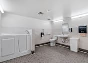 Thumbnail 50 of 55 - a bathroom with two urinals and a toilet and a washing machine