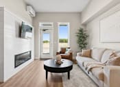 Thumbnail 17 of 21 - A modern living room with a fireplace and a flat screen TV mounted above it.