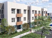 Thumbnail 11 of 12 - a rendering of an apartment building with people walking in front of it
