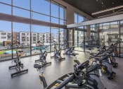 Thumbnail 8 of 28 - a gym with cardio equipment and a view of the pool