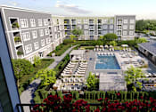 Thumbnail 21 of 21 - Aerial view of clubhouse and pool at Forest Edge Apartments, Charlestown, IN