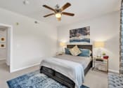 Thumbnail 16 of 25 - a bedroom with a bed and a ceiling fan