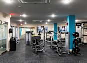 Thumbnail 65 of 106 - a gym with cardio machines and weights on the floor and a glass wall