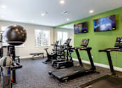 Thumbnail 5 of 24 - A gym with treadmills, exercise balls, and a bench.