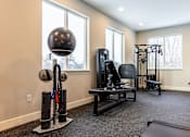 Thumbnail 3 of 24 - A home gym with a variety of equipment including a weight bench, a cable machine, and a squat rack.