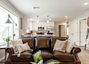 Thumbnail 27 of 60 - A brown leather couch with a potted plant on it.