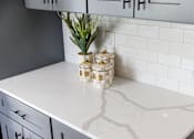 Thumbnail 21 of 53 - A white marble countertop with a plant and decorative items on it.