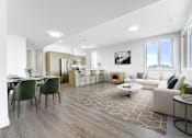Thumbnail 1 of 30 - A modern living room with a dining area and a kitchen in the background.