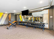 Thumbnail 30 of 103 - A gym with a mirror, weights, and cardio equipment.