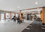 Thumbnail 38 of 99 - A gym with a variety of equipment including treadmills, weights, and exercise machines.