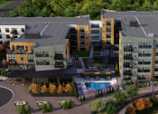 Thumbnail 65 of 103 - an aerial view of an apartment complex with a swimming pool and trees