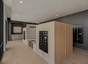Thumbnail 36 of 85 - A modern kitchen with wooden cabinets and black appliances.