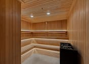 Thumbnail 21 of 85 - A wooden sauna with benches and a light on the ceiling.